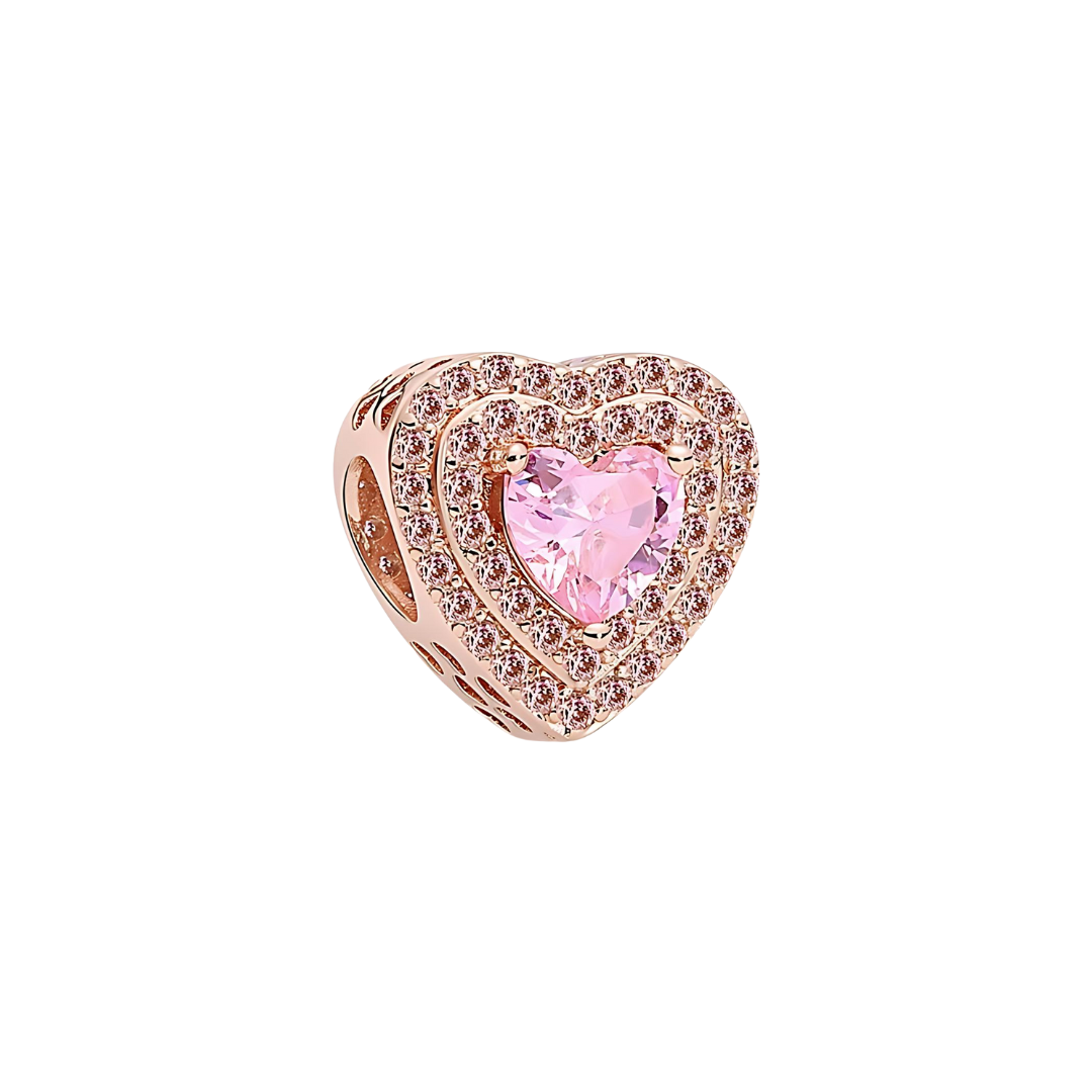 Parlak Pembe Aşk Kalbi Gül Altın Charm